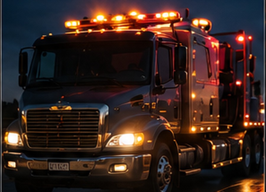 Emergency roadside service truck with warning lights at night